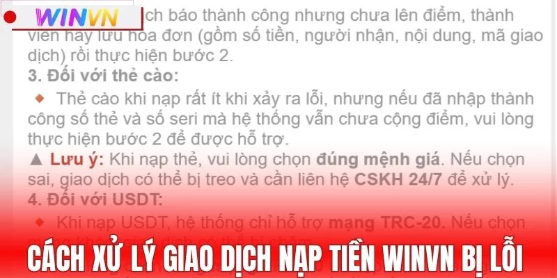 Cách xử lý giao dịch nạp tiền WINVN bị lỗi